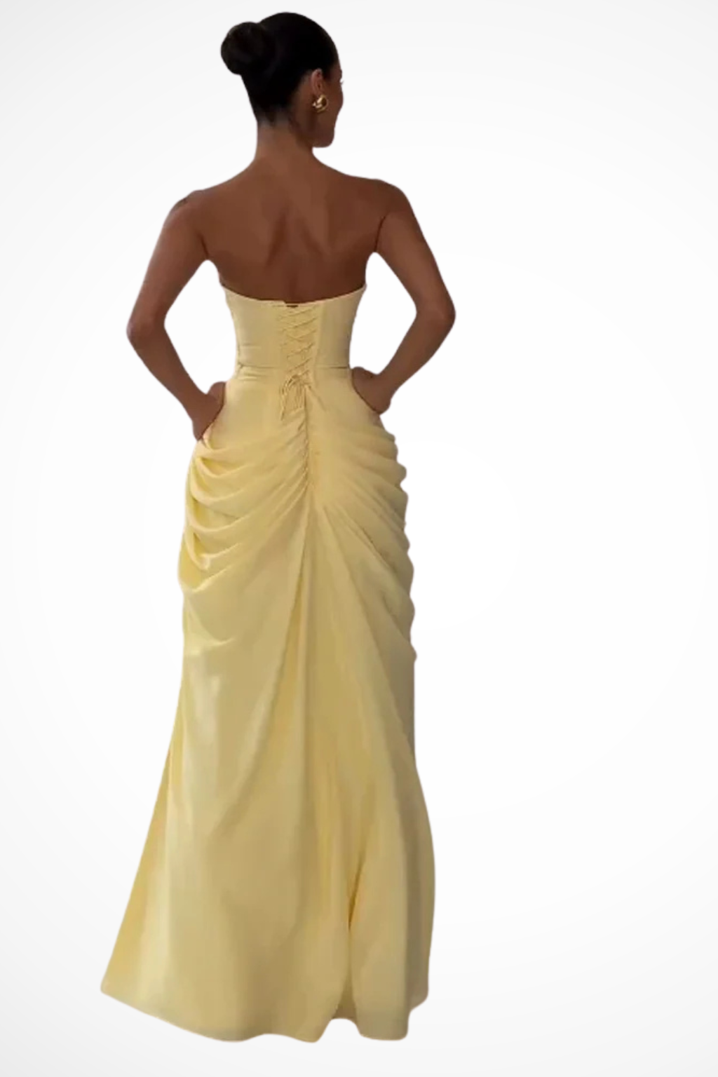 Chic women's strapless ruched maxi dress with a stylish slit for summer formal events or wedding guests.