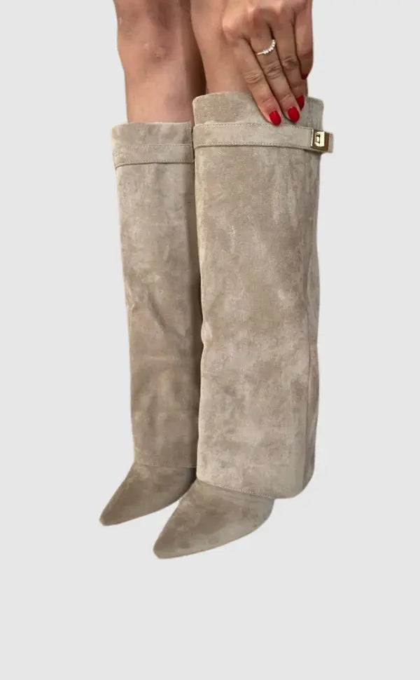 Women's elegant tall boots in taupe, offering refined style and all-day comfort for winter fashion.