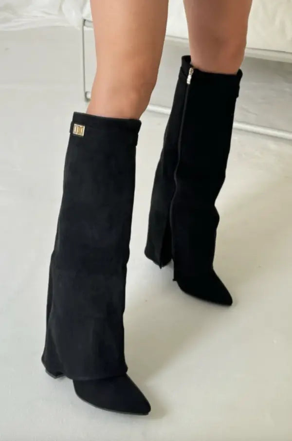 Black sleek women's tall boots, perfect for sophisticated dress outfits & versatile everyday wear.