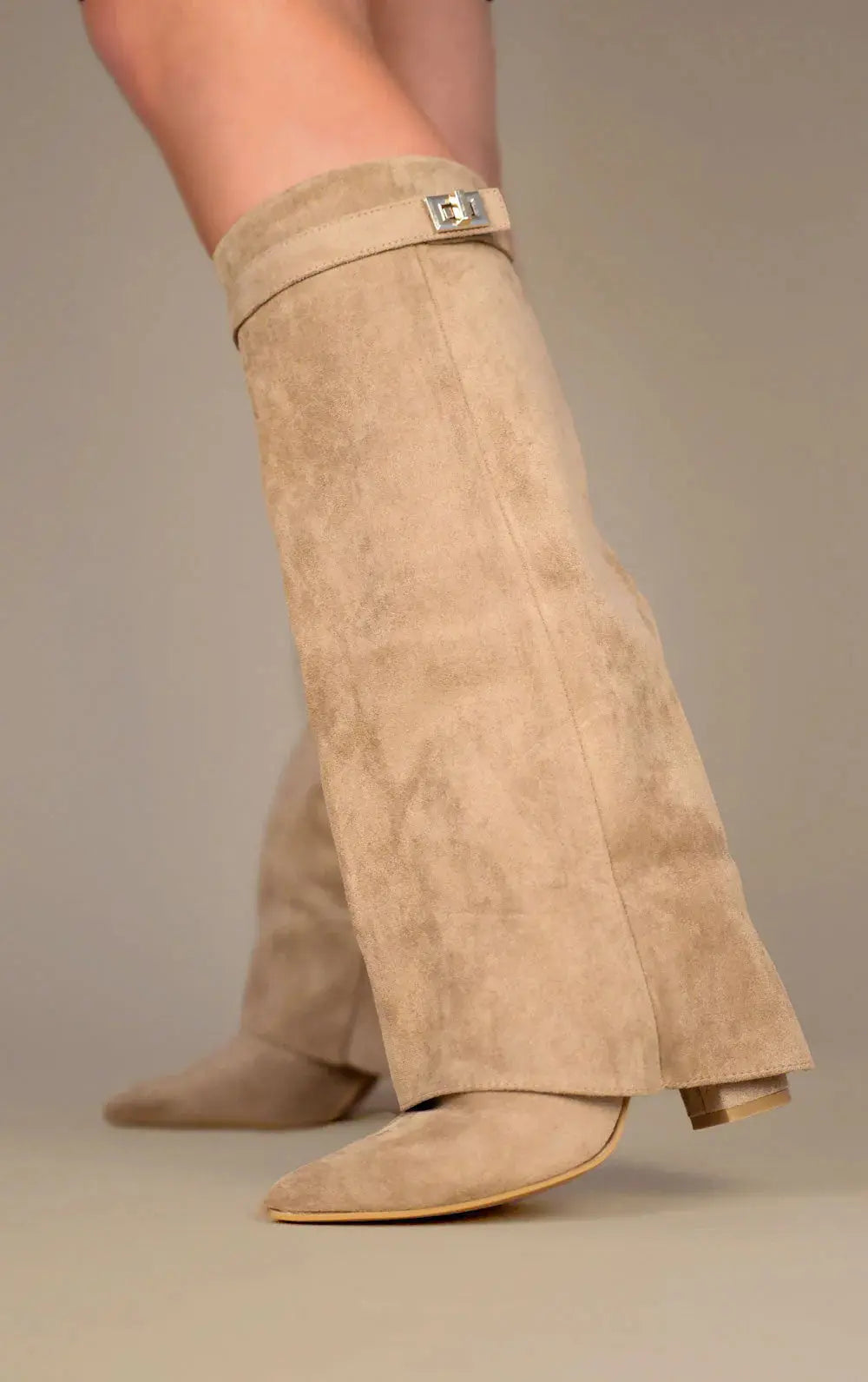 Comfortable women's tall boots in taupe, designed for elegant style & all-day wear during winter.