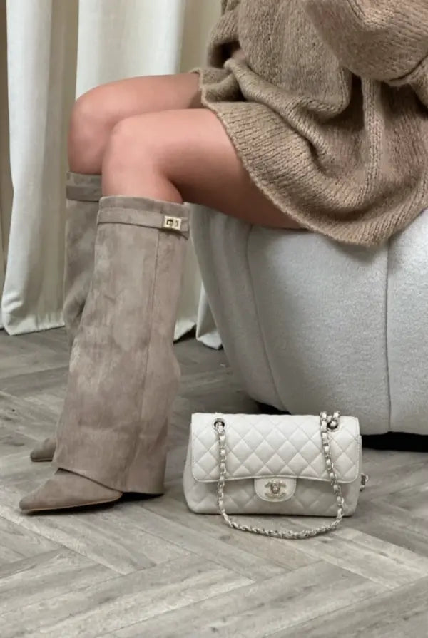 Stylish women's taupe boots, tall and comfortable, a versatile choice for elegant winter fashion.