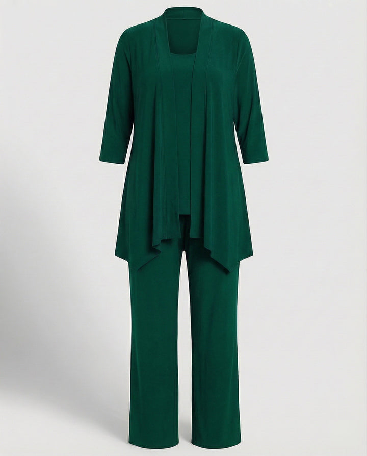 Full-body view of a model wearing a women's chic three-piece pantsuit, perfect for a contemporary professional look.