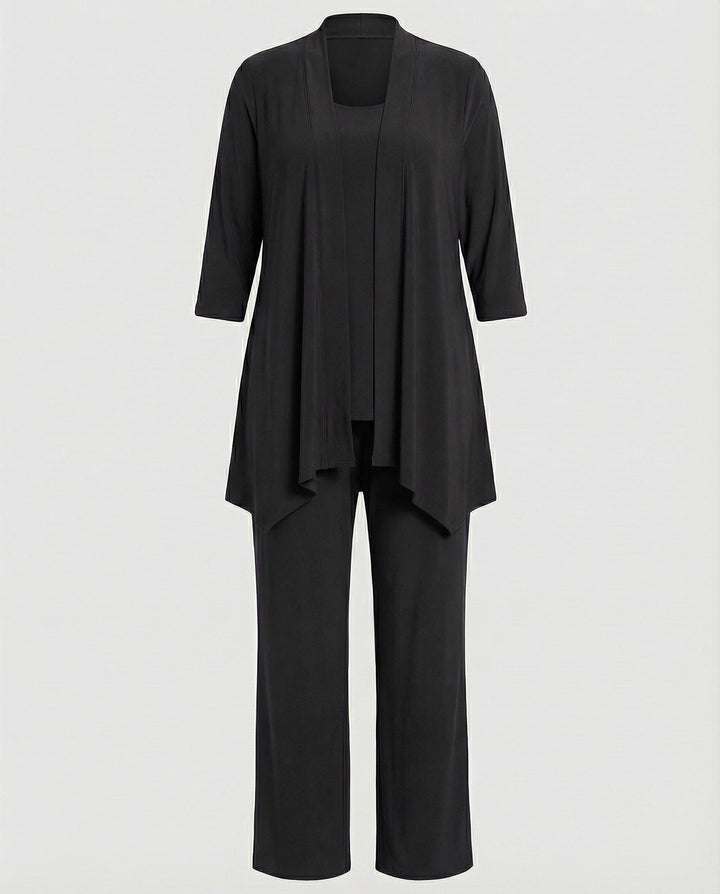 Modern women's pantsuit with a fitted blazer and matching trousers, ideal for a chic business aesthetic.
