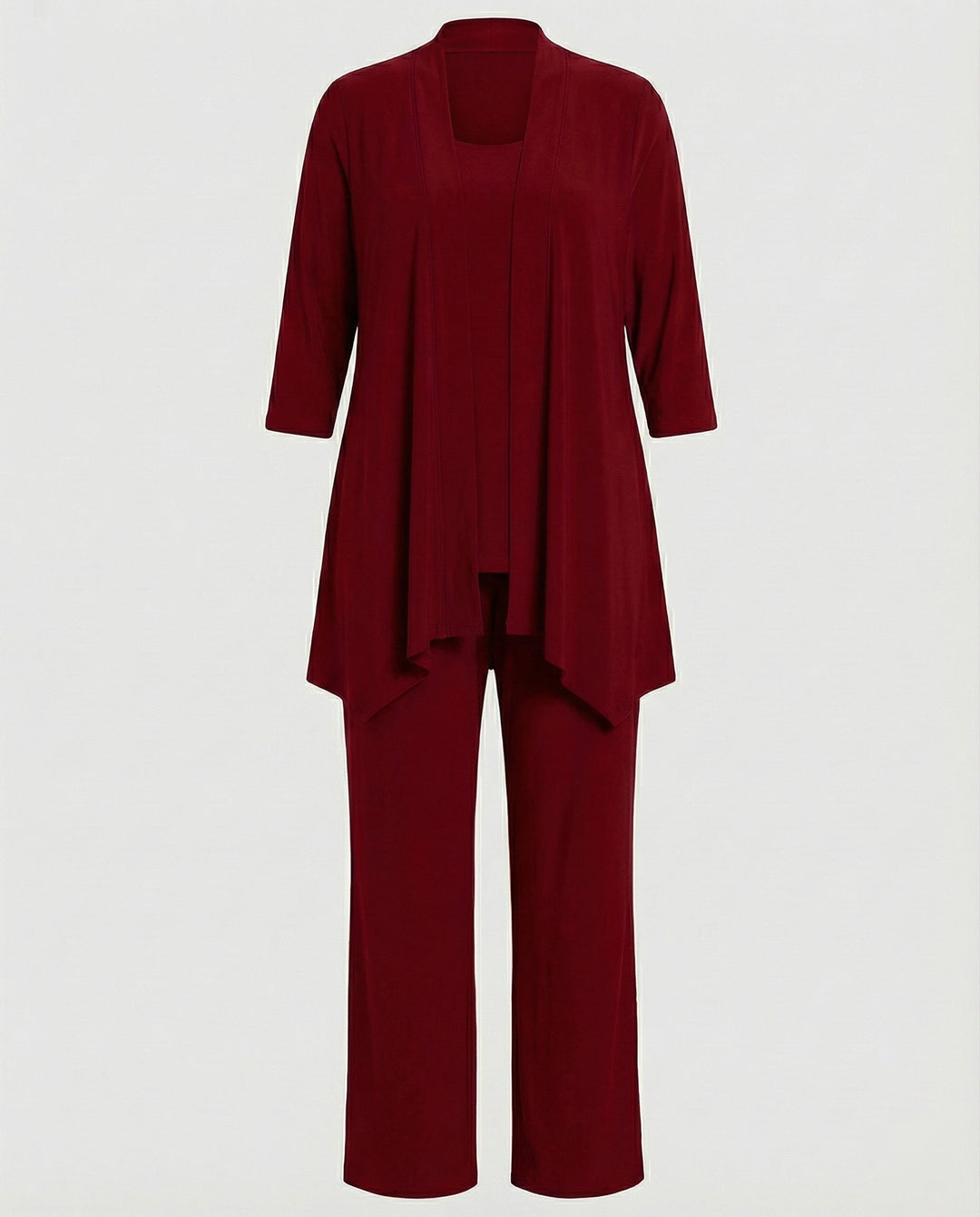 Sophisticated women's three-piece ensemble: a sleek vest, professional blazer, and comfortable tailored pants.