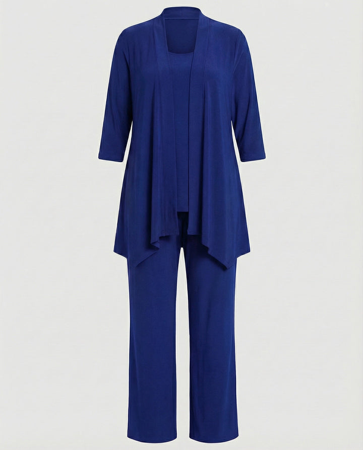 Stylish women's formal wear; a complete three-piece suit set designed for powerful and elegant professional style.