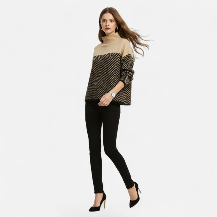 Cozy women's turtleneck knit sweater, a versatile long sleeve top for casual chic winter wear.