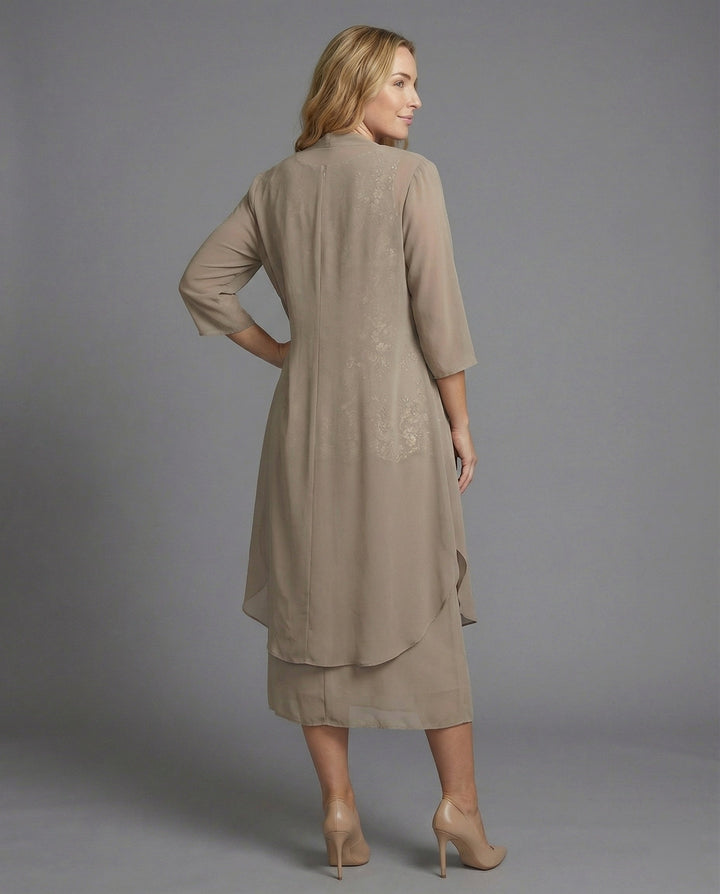 Lilac women's elegant two-piece dress set with 3/4 sleeve top, perfect for spring events or summer fashion.