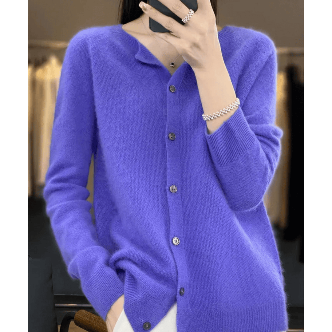 Women's elegant V-neck cardigan, a versatile layering sweater in comfortable knitwear.