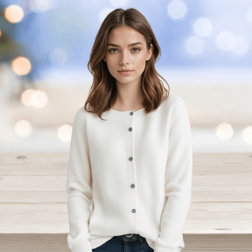 Versatile women's V-neck cardigan. Long-sleeve elegant layering sweater in soft knitwear.