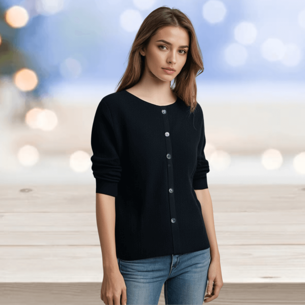 Elegant women's V-neck knit cardigan. Stylish layering piece for comfortable casual wear.