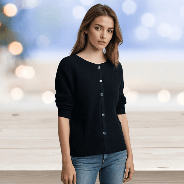 Elegant women's V-neck knit cardigan. Stylish layering piece for comfortable casual wear.