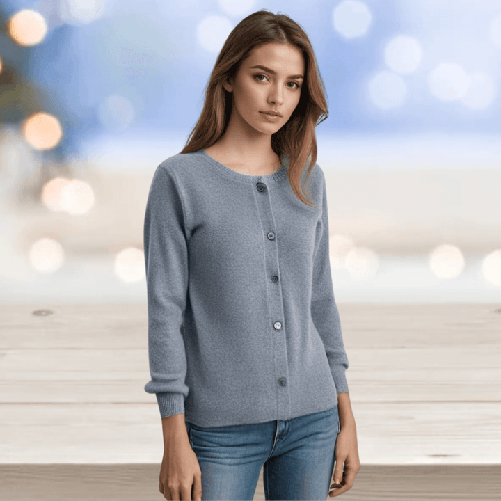 Women's long-sleeve V-neck cardigan. Comfortable and versatile all-season layering sweater.