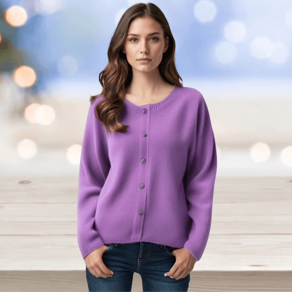 Casual women's V-neck cardigan. Comfortable long-sleeve sweater, an all-season layering piece.