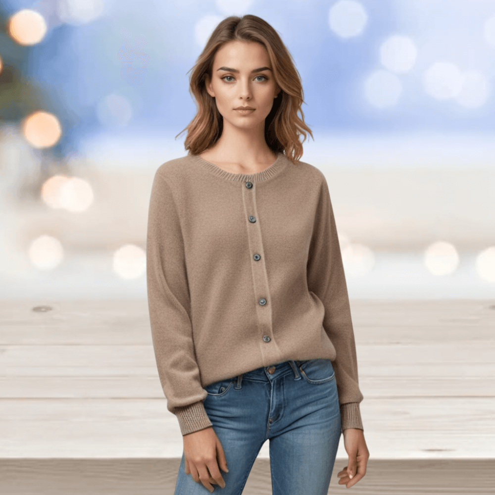 Women's elegant V-neck knit cardigan. Versatile layering sweater, perfect for stylish fashion.