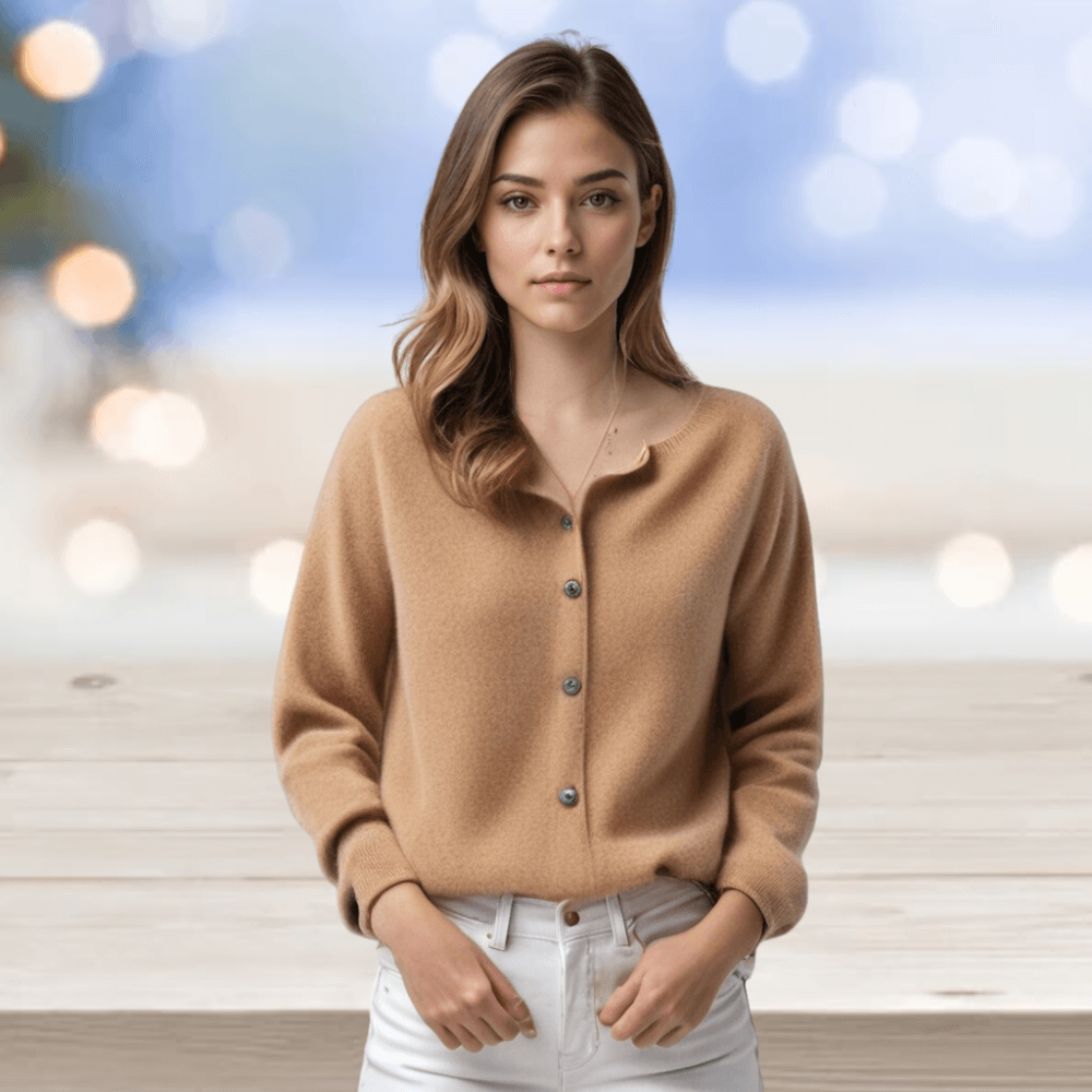 All-season women's V-neck cardigan. Comfortable layering piece, a stylish long-sleeve sweater.