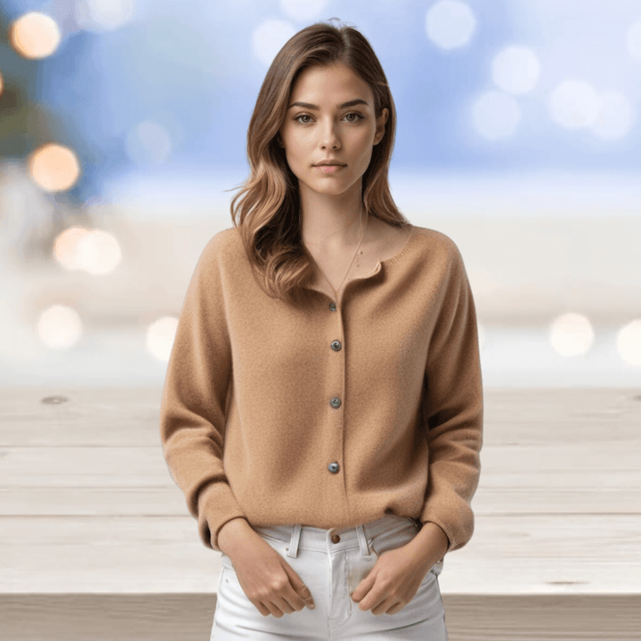 All-season women's V-neck cardigan. Comfortable layering piece, a stylish long-sleeve sweater.