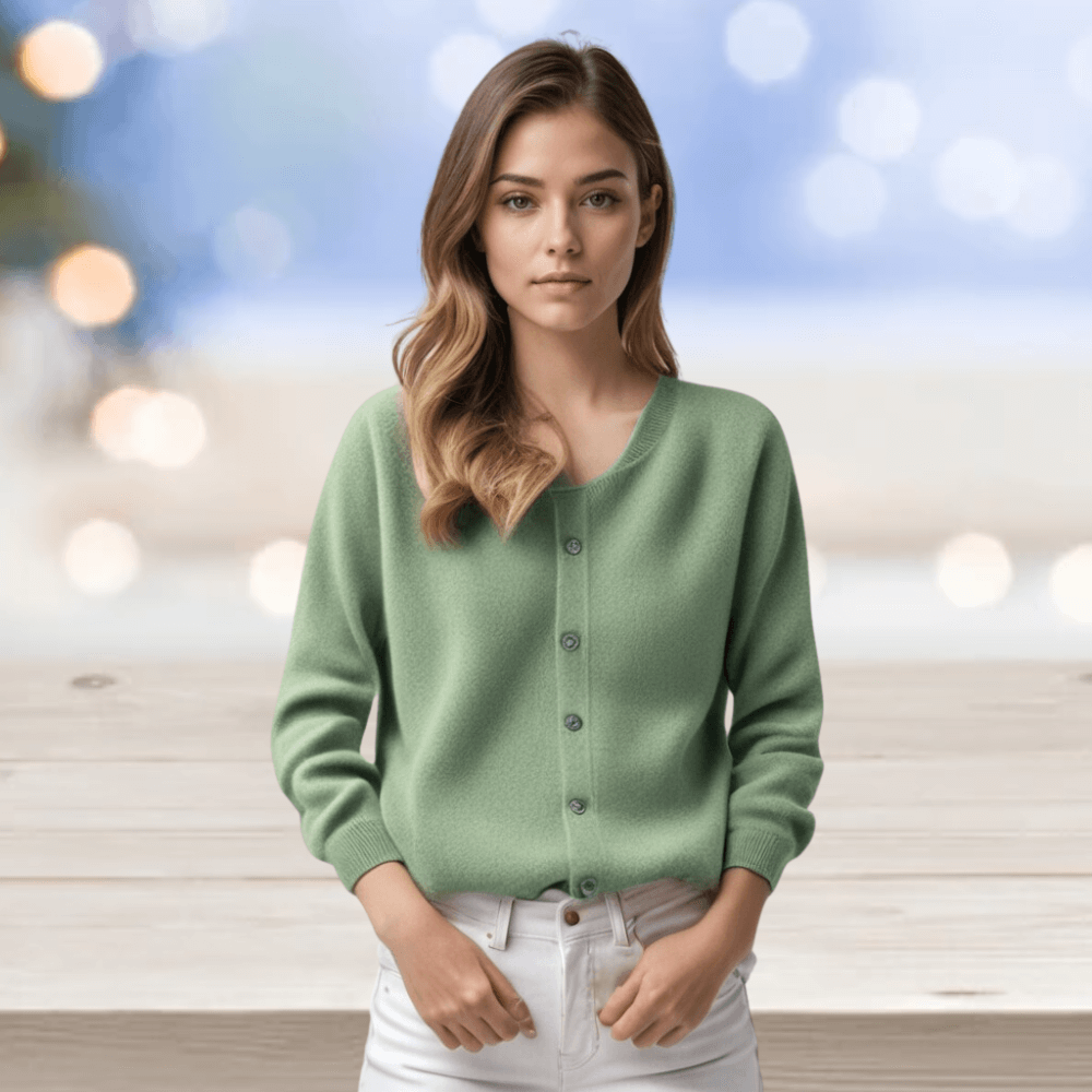 Stylish women's V-neck long-sleeve cardigan. Comfortable elegant layering sweater.
