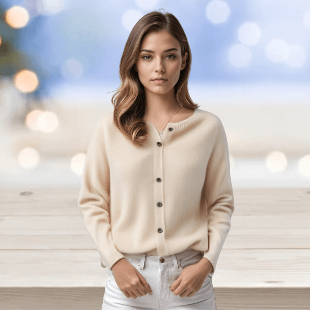 Elegant women's V-neck cardigan sweater. Stylish long-sleeve knit top for versatile wear.