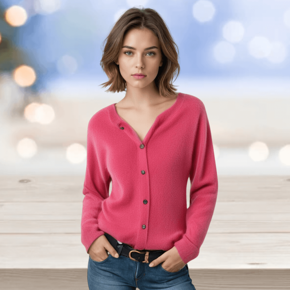 Casual women's V-neck cardigan, a comfortable layering sweater and all-season fashion piece.