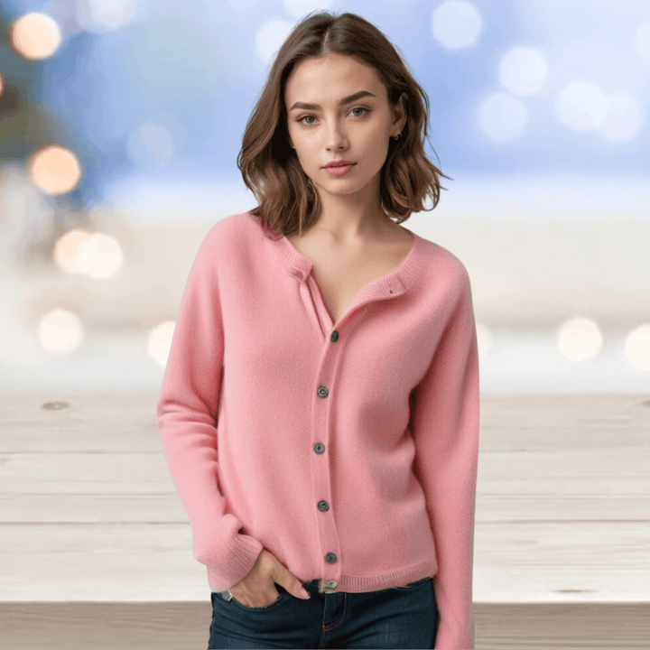 Women's V-neck knit cardigan. Elegant long-sleeve layering sweater for versatile style.