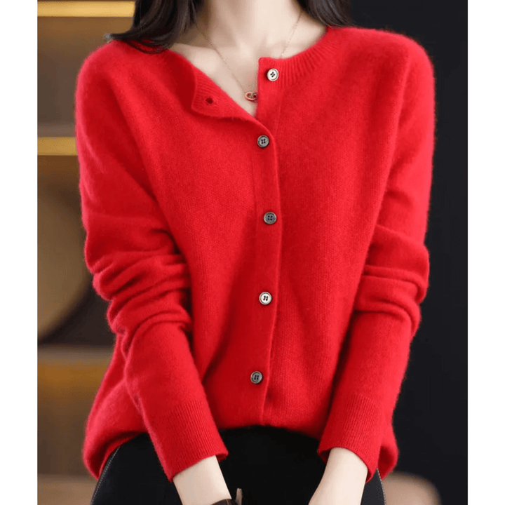 Casual yet chic women's V-neck cardigan, an all-season layering sweater in soft knit fabric.