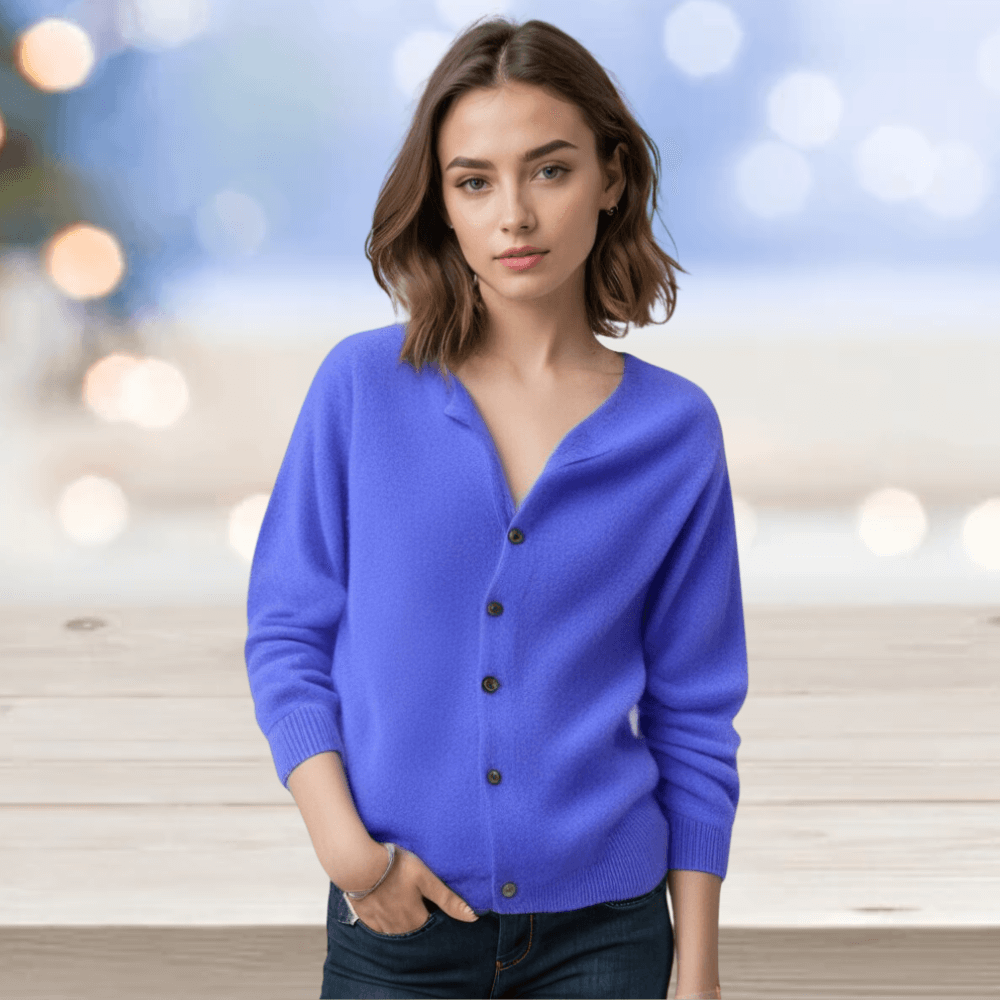 Stylish women's V-neck cardigan. Comfortable knitwear, an elegant all-season layering sweater.