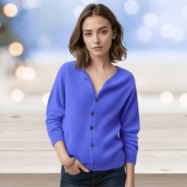 Stylish women's V-neck cardigan. Comfortable knitwear, an elegant all-season layering sweater.