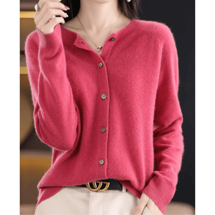 Comfortable women's V-neck cardigan. Elegant long-sleeve sweater for versatile fashion layering.