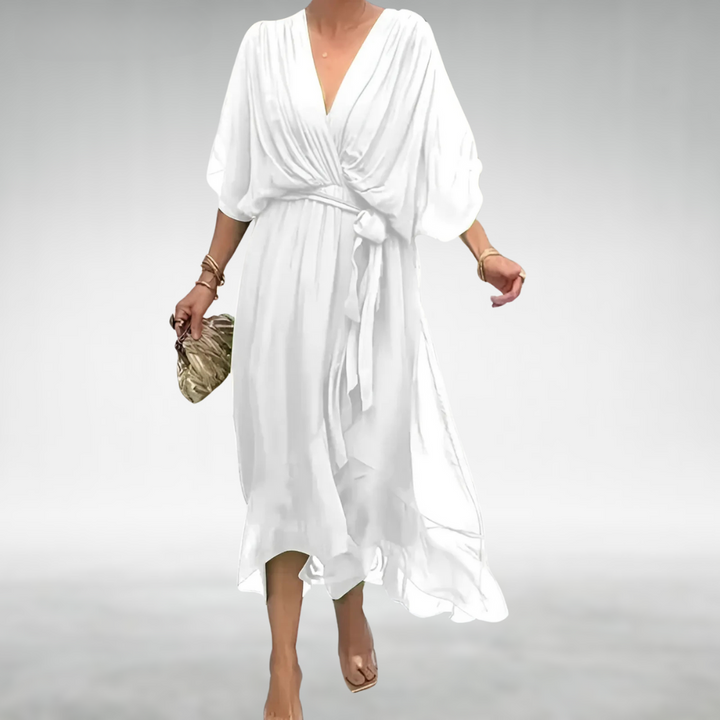 Warm weather women's chiffon maxi dress with a flattering V-neck, designed for comfort and style.