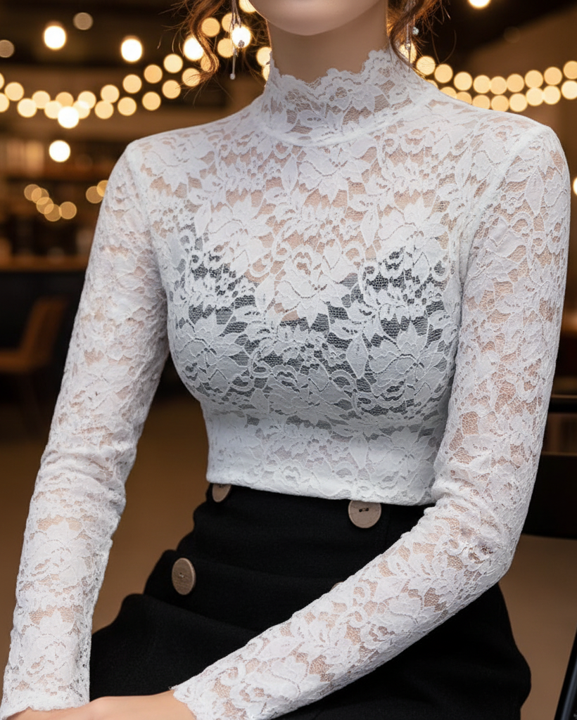 Women's elegant white high-neck lace blouse with intricate floral details for spring fashion