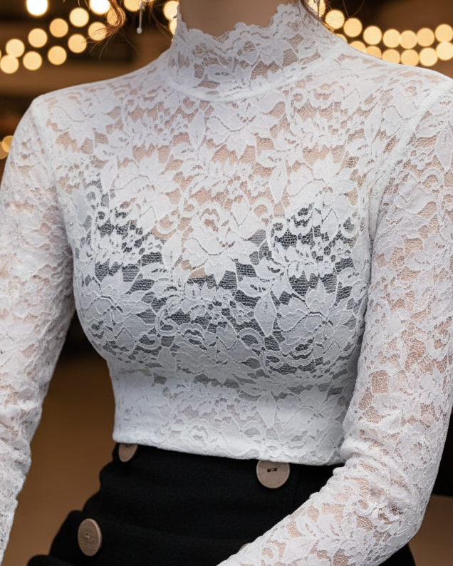 Close-up of a women's high-neck lace blouse, showcasing delicate white lace patterns & elegant style