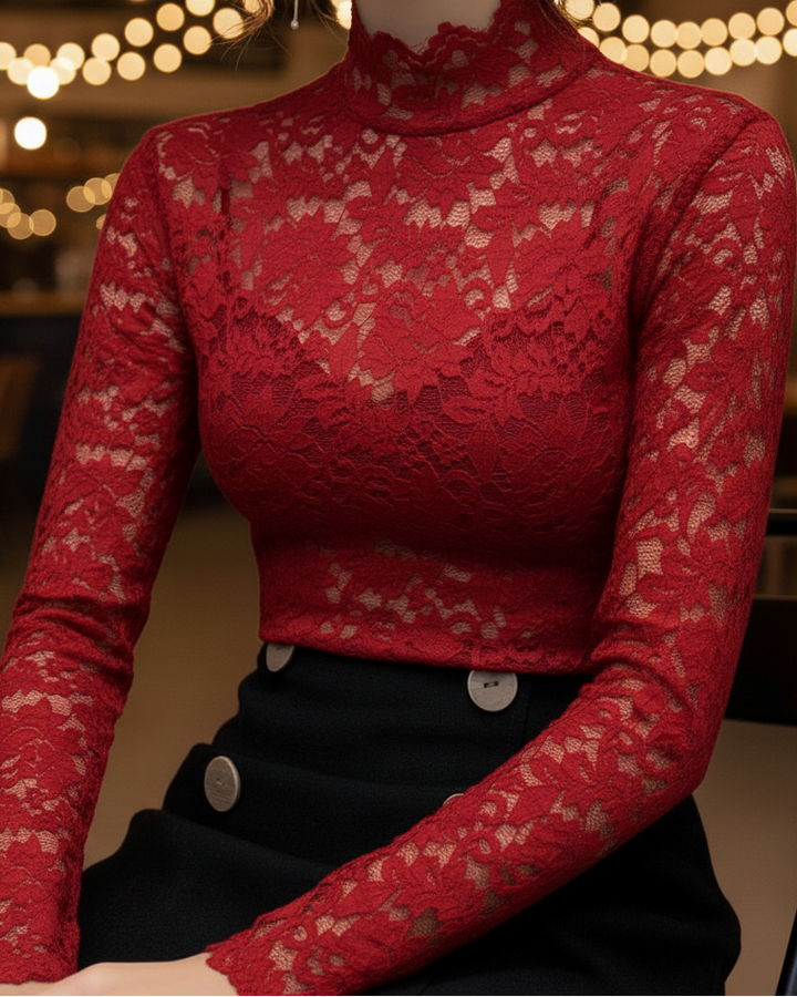 Stylish women's lace blouse with a sophisticated high neck, perfect for both casual and formal wear