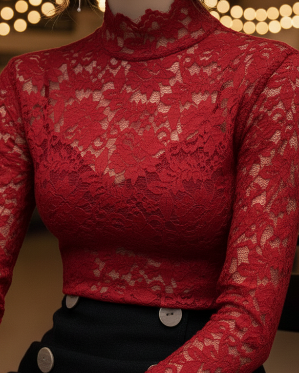 Full-length view of a woman wearing a chic white high-neck lace blouse, ideal for summer outfits