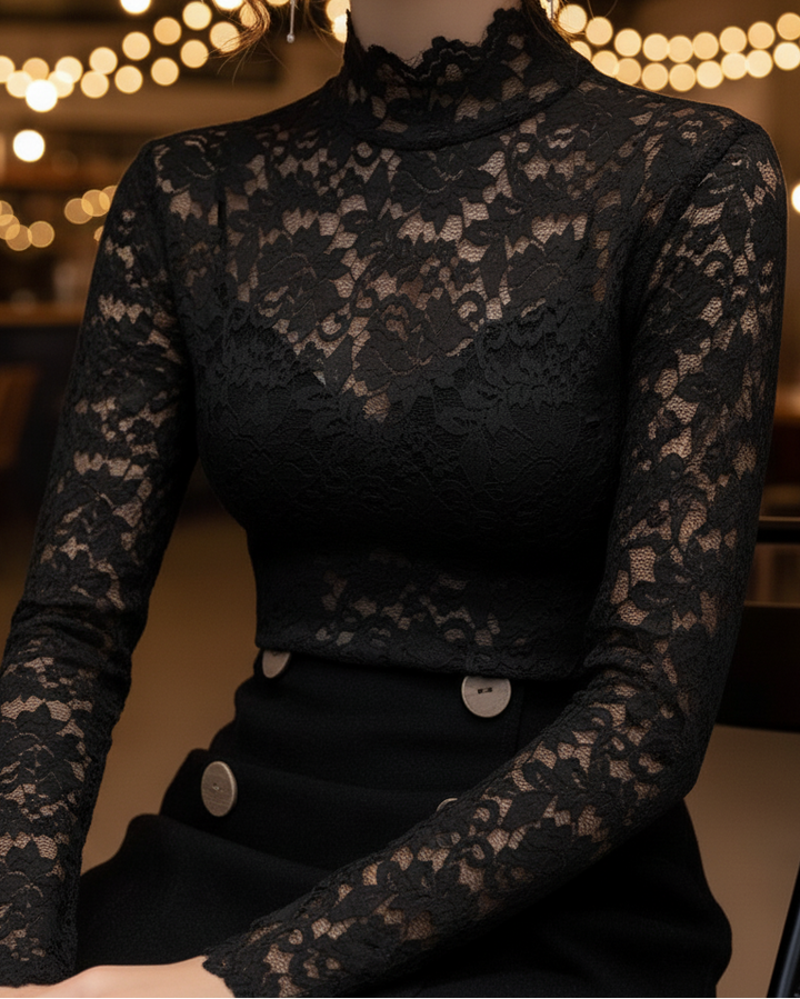 Delicate high-neck lace blouse for women, featuring a timeless design suitable for various occasions