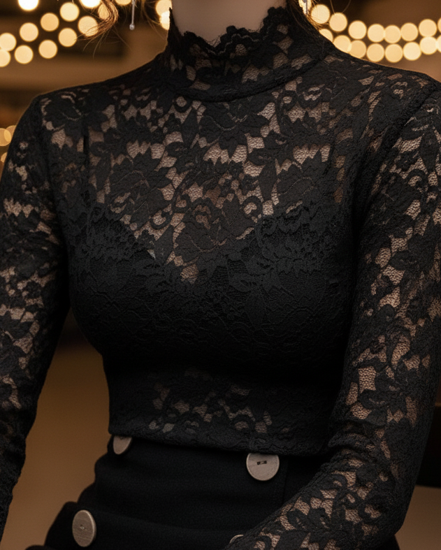 Fashionable women's elegant white lace blouse with a high neckline, a versatile spring/summer top