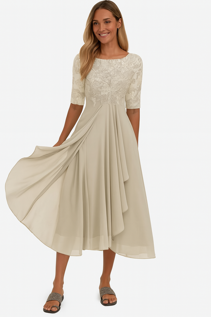 Women's elegant white lace A-line midi dress, perfect for summer casual occasions.