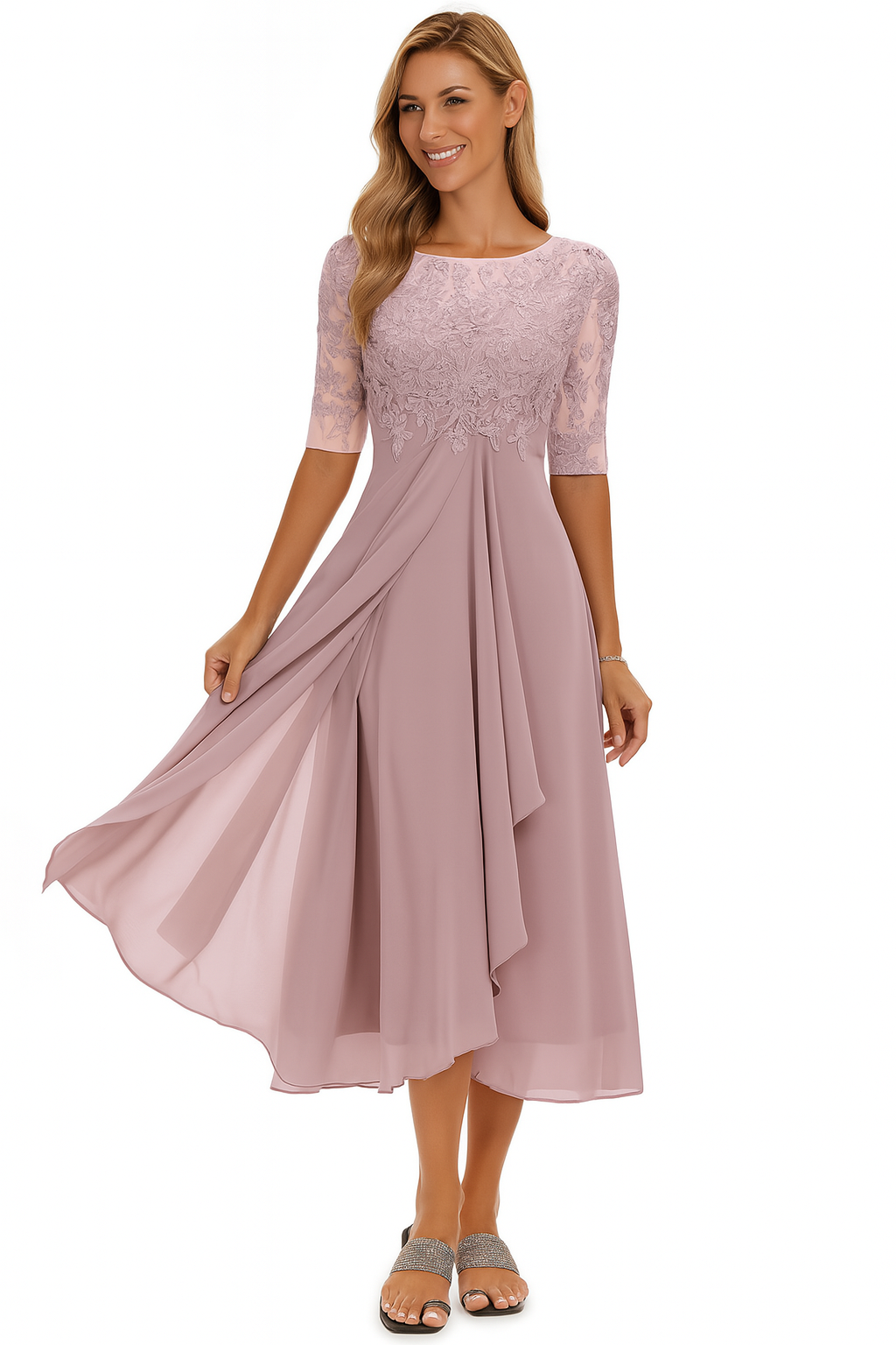 A-line women's midi dress with delicate lace detailing, ideal for elegant summer wear.