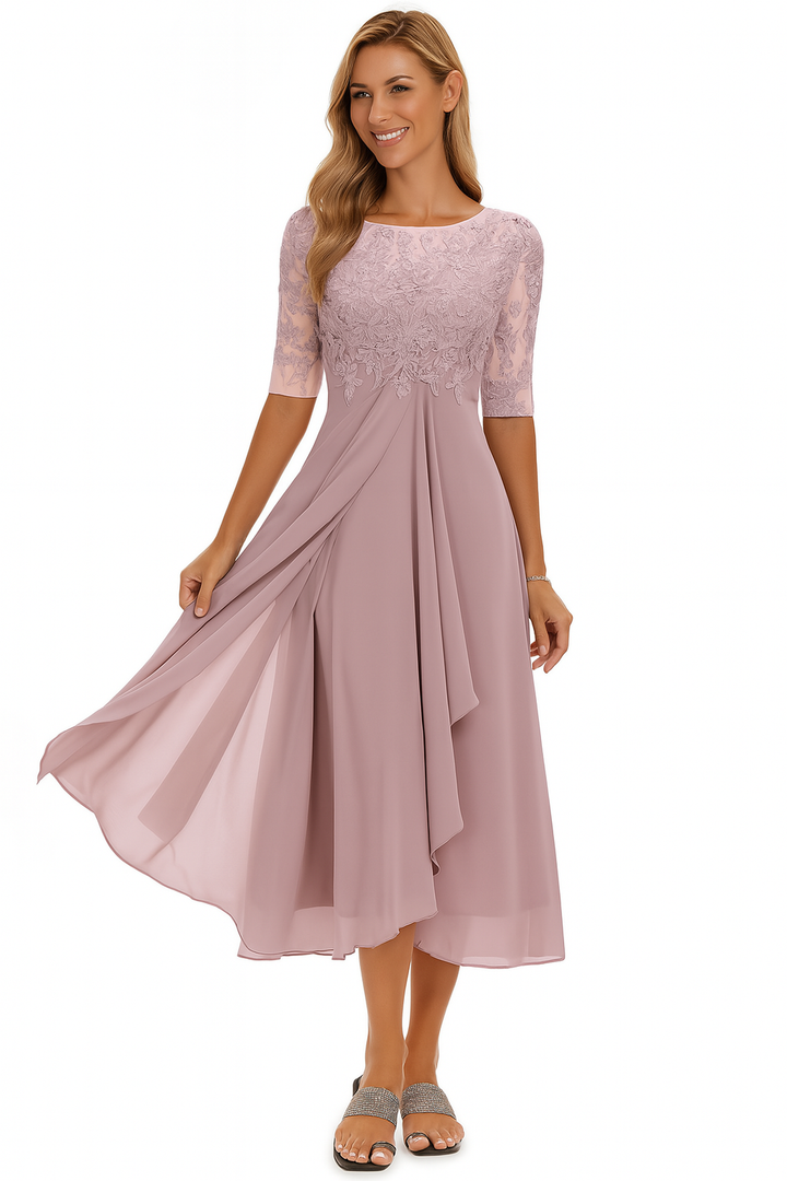 A-line women's midi dress with delicate lace detailing, ideal for elegant summer wear.