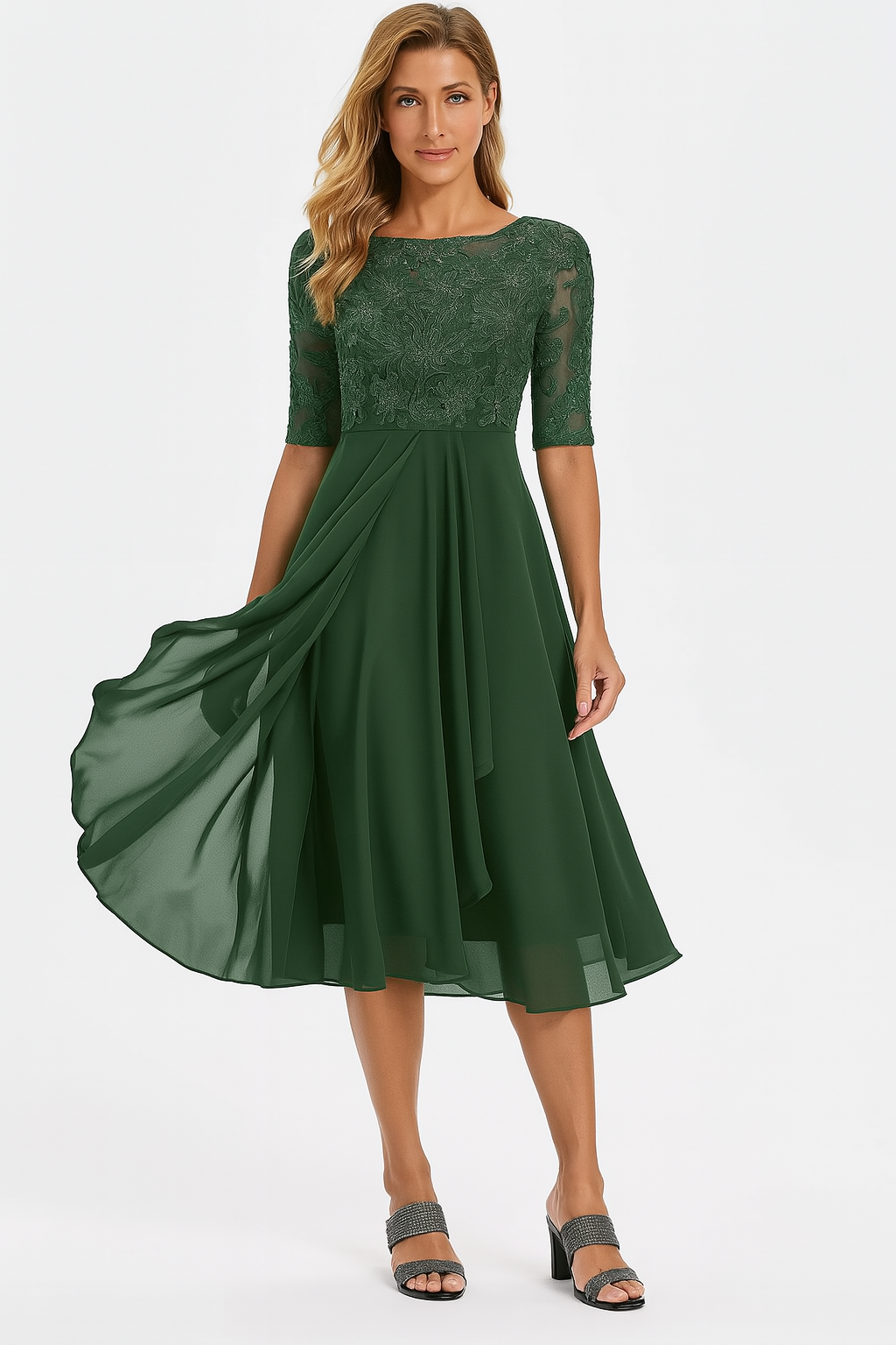 Casual yet chic women's A-line midi dress in lace, suitable for warm weather events.