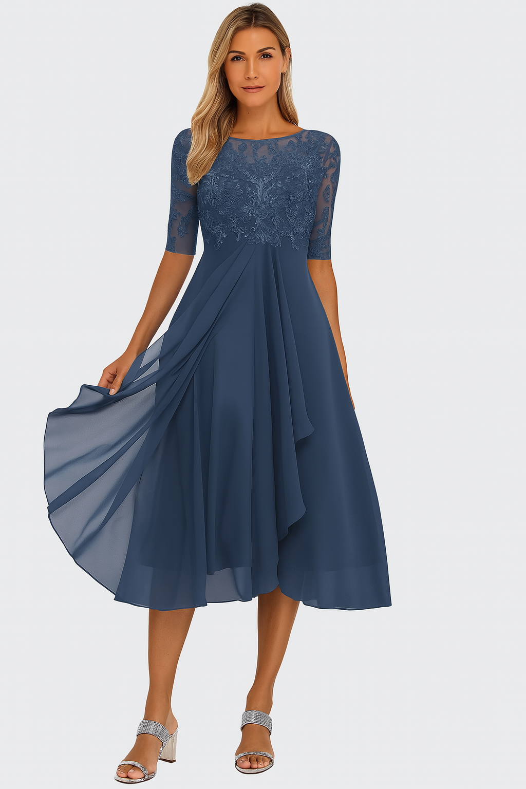 White lace A-line midi dress for women, offering an elegant and comfortable summer style.