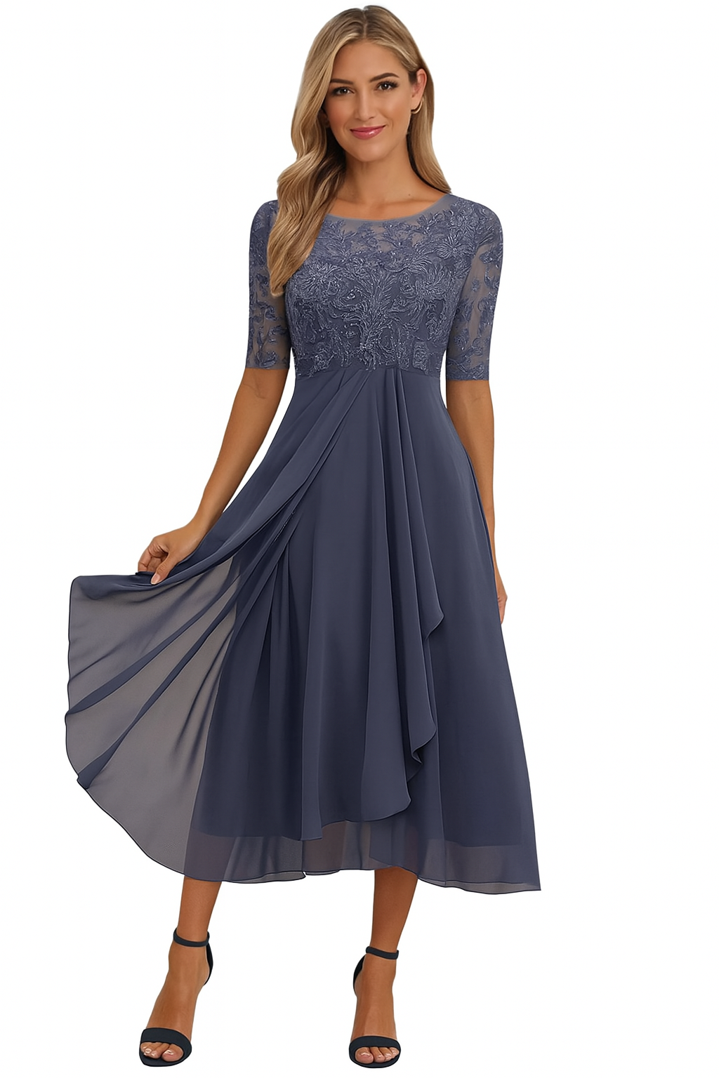 Beautiful women's A-line lace midi dress, embodying a perfect blend of elegance and casual.