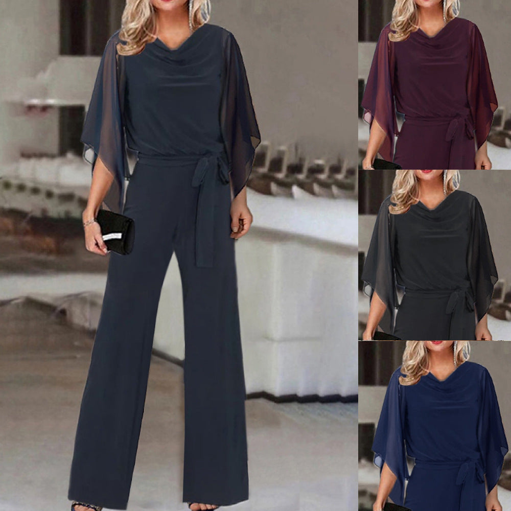 Women's wide-leg evening jumpsuit, featuring a cascading neckline and chic lace-up waist for parties.