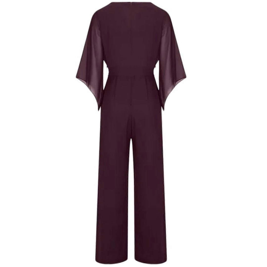 Women's special occasion wide-leg jumpsuit with a flattering lace-up waist & elegant cascading neckline.