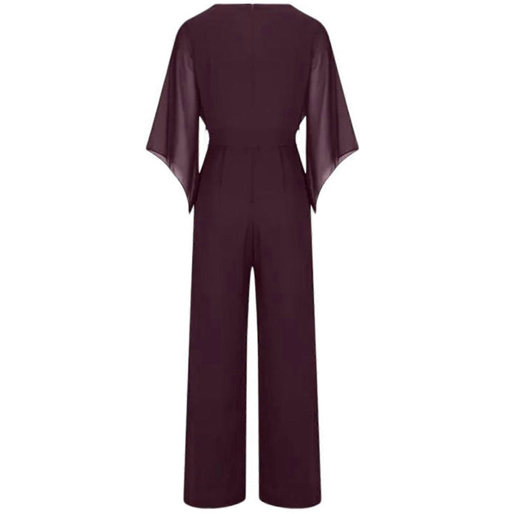 Women's special occasion wide-leg jumpsuit with a flattering lace-up waist & elegant cascading neckline.