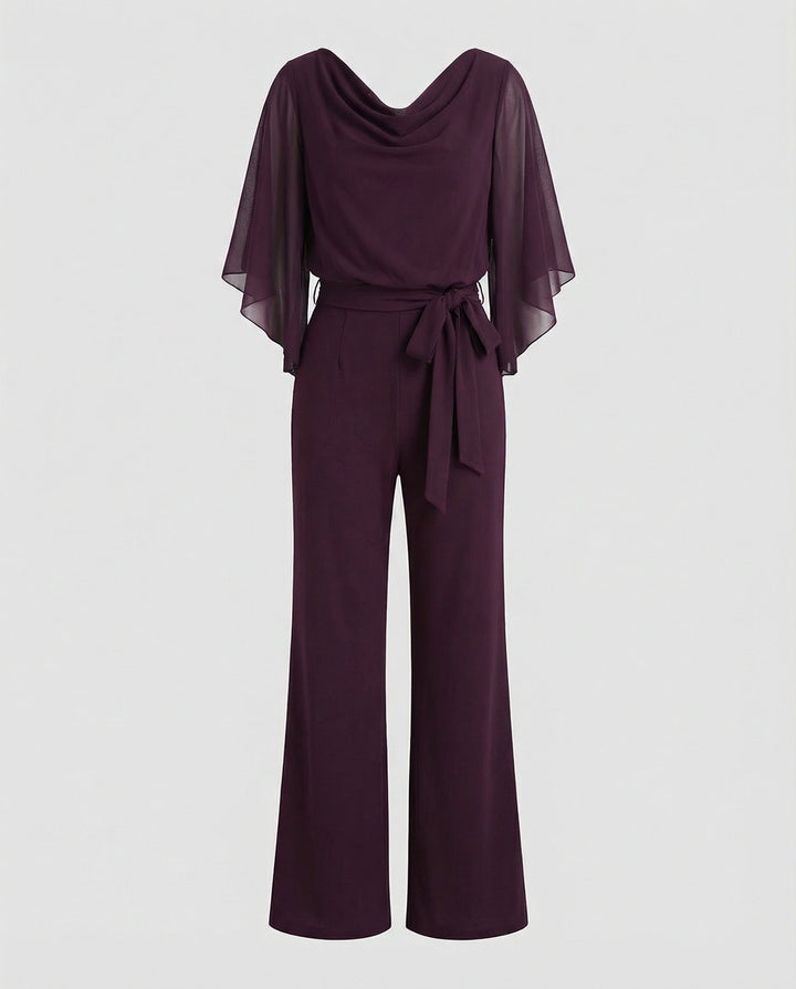 Women's party jumpsuit: elegant wide-leg design, cascading neckline, comfortable fit for special occasions.