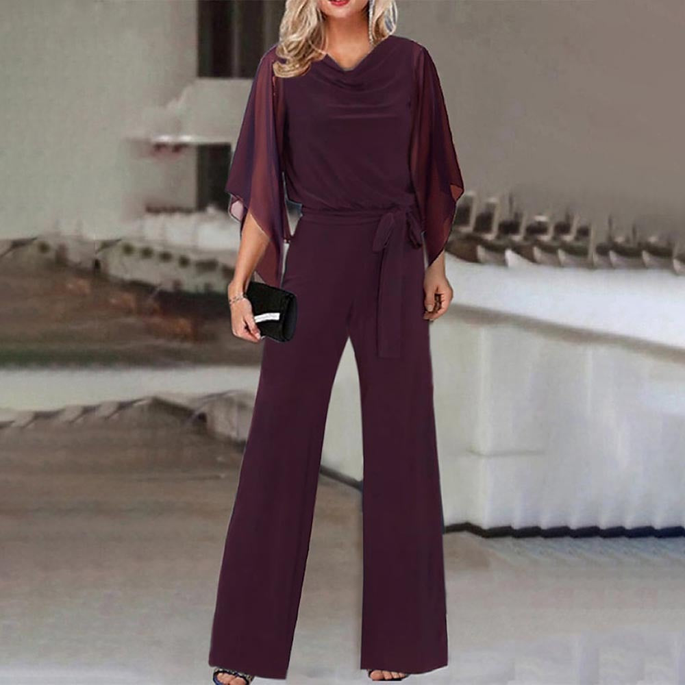 Formal wide-leg jumpsuit for women with a flattering lace-up waist & chic cascading neckline. Evening wear.