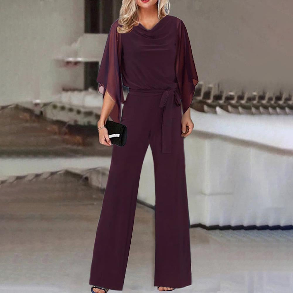 Sophisticated women's wide-leg jumpsuit with a flowing design, cascading neckline & elegant details.