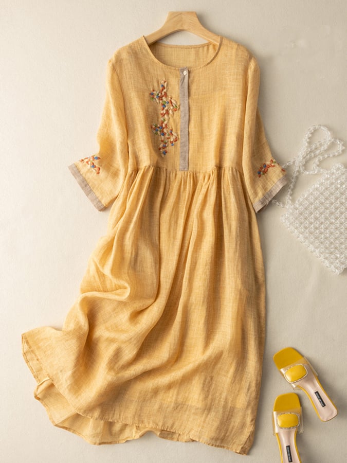 Women's embroidered ethnic midi dress, relaxed fit, cotton blend, perfect for summer casual wear