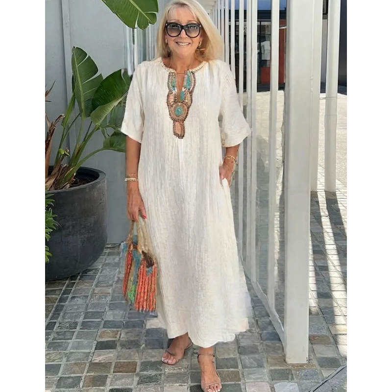Women's embroidered linen blend maxi dress, perfect for casual summer wear