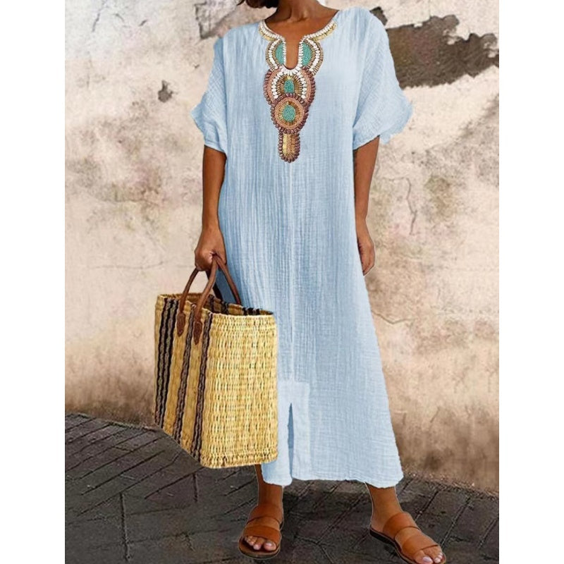 Stylish linen blend maxi dress for women, featuring delicate embroidery, great for beach wear